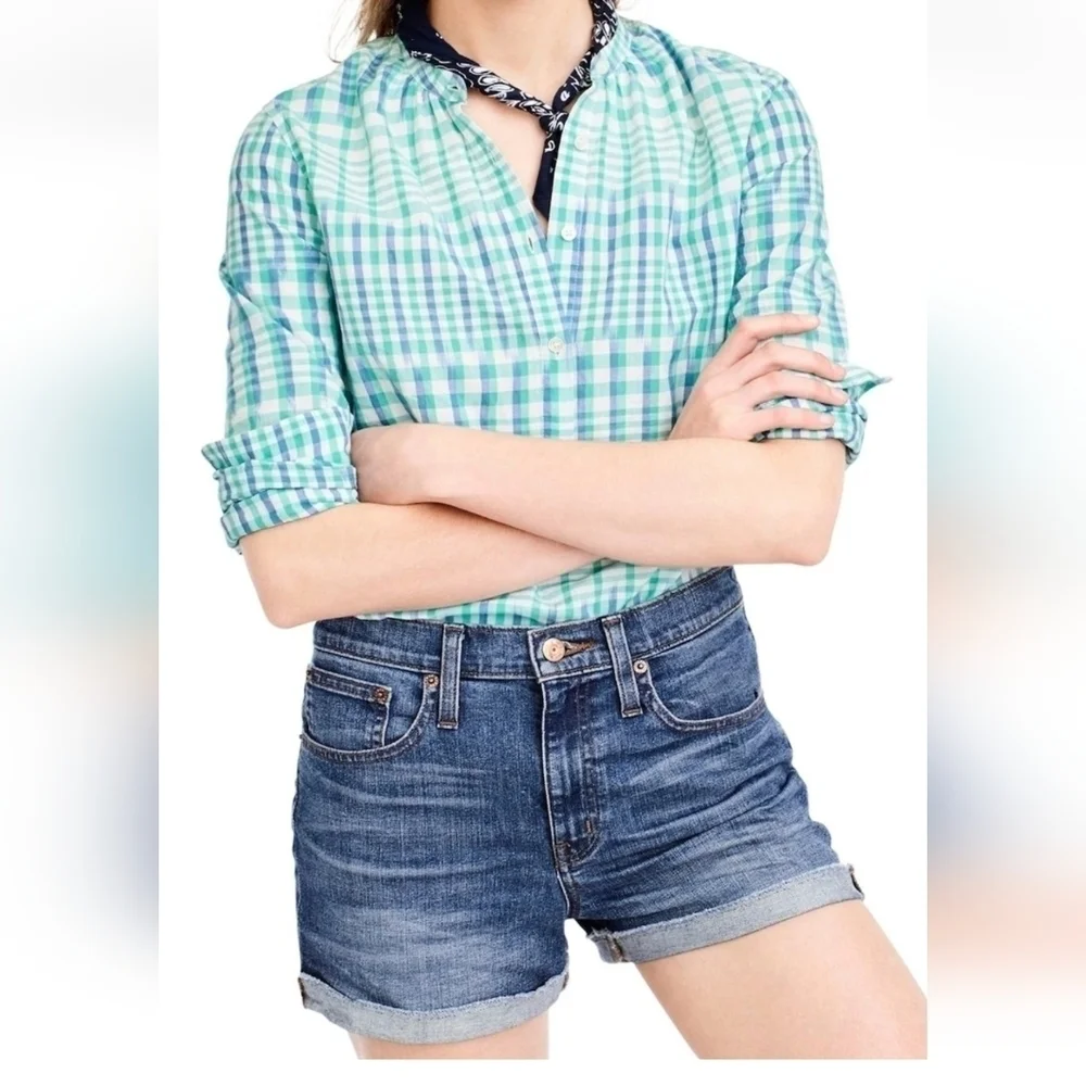 J.Crew Woman's  Gingham Half Button Up  Long Sleeve Size 8